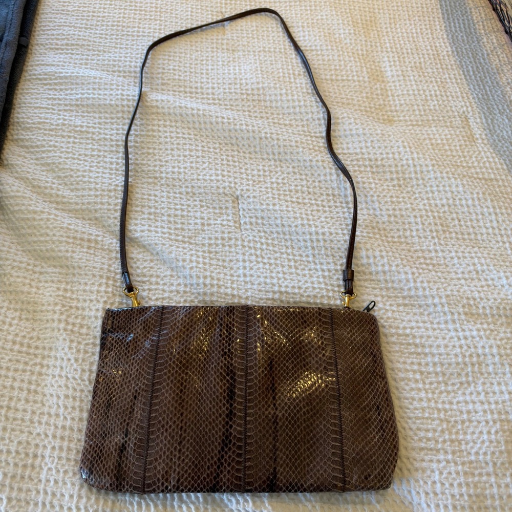Marshall Fields Vintage Brown Snakeskin Crossbody Bag Gold Hardware Leather